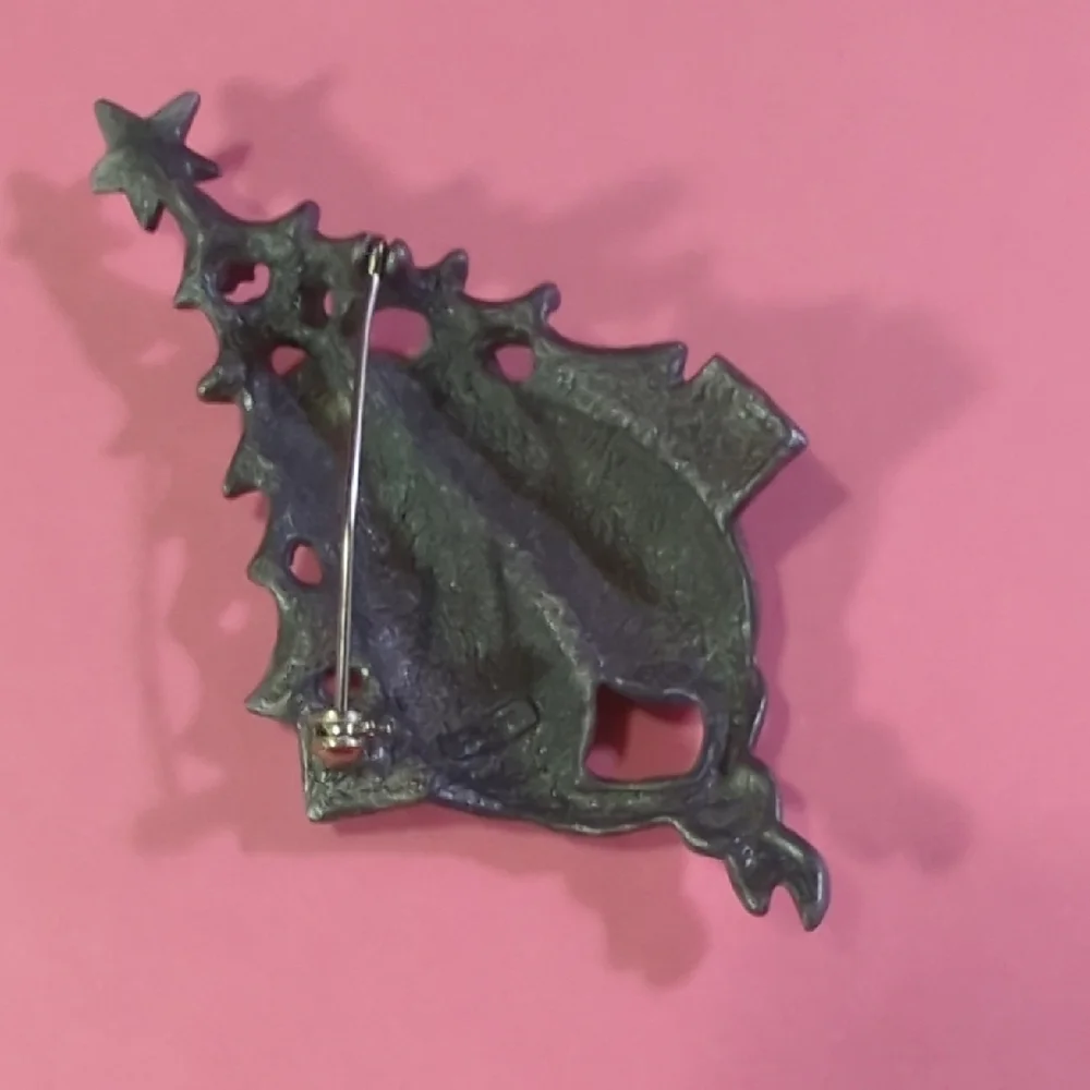 Silver Cat and Christmas Tree Brooch